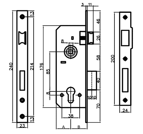 схема дверной замок врезной под цилиндровый механизм Kale Kilit 152 R турция